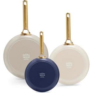 imageGreenPan Reserve Hard Anodized Healthy Ceramic Nonstick 8quot 10quot and 12quot 3 Piece Frying Pan Skillet Set Gold Handle Induction PFASFree Dishwasher Safe Oven Safe Twilight BlueNavy  Taupe  Cream
