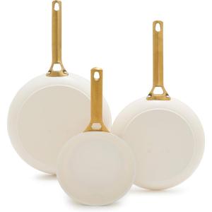 imageGreenPan Reserve Hard Anodized Healthy Ceramic Nonstick 8quot 10quot and 12quot 3 Piece Frying Pan Skillet Set Gold Handle PFASFree Dishwasher Safe Oven Safe TaupeCream White