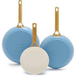 imageGreenPan Reserve Hard Anodized Healthy Ceramic Nonstick 8quot 10quot and 12quot 3 Piece Frying Pan Skillet Set Gold Handle PFASFree Dishwasher Safe Oven Safe TaupeSky Blue