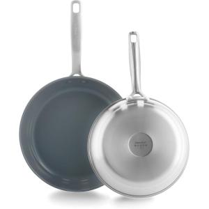 imageGreenPan Treviso 95 and 11 Frying Pan skillet Set NonToxic PFASFree Stainless Steel Ceramic Nonstick Coating Induction Suitable Multi Clad Pouring Rims Dishwasher ampamp Oven Safe to 60095 and 11 Frying Pan Skillet Set