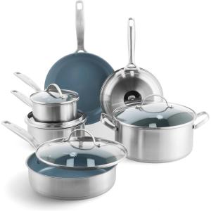 imageGreenPan Treviso 95 and 11 Frying Pan skillet Set NonToxic PFASFree Stainless Steel Ceramic Nonstick Coating Induction Suitable Multi Clad Pouring Rims Dishwasher ampamp Oven Safe to 60010 Piece Cookware Pots and Pans Set