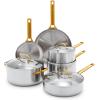 imageGreenPan Stainless Steel TriPly Reserve 10 and 12 Frying Pan Skillet Set Multiclad Cookware PFASFree Induction Oven ampamp Broiler Safe to 600F Heat Responsive Core Dishwasher Safe Gold HandlesStainless Steel