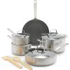 imageGreenPan Chatham 12 Piece Stainless Steel Cookware Set NonToxic PFASFree Healthy Ceramic Nonstick Dishwasher Safe Oven Safe Frypan Skillet Saut Saucepan Bamboo Utensils Silver