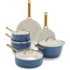 imageGreenPan Hard Anodized Healthy Ceramic Nonstick 10 Piece Cookware Pots and Pans Set GoldTone Stainless Steel Handles PFAS ampamp PFOAFree Dishwasher Safe Oven ampamp Broiler Safe BlackOcean Blue