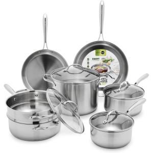 imageGreenPan 11 Piece Stainless Steel Cookware Set Induction Ready TriPly Multiclad Pots ampamp Pans with Lids Compatible on All Cooktops Measurement Markings Dishwasher ampamp Oven SafeSwift Silver HandlesStainless Steel