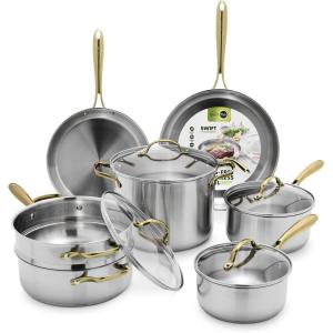 imageGreenPan 11 Piece Stainless Steel Cookware Set Induction Ready TriPly Multiclad Pots ampamp Pans with Lids Compatible on All Cooktops Measurement Markings Dishwasher ampamp Oven SafeSwift Silver HandlesStainless Steel Gold