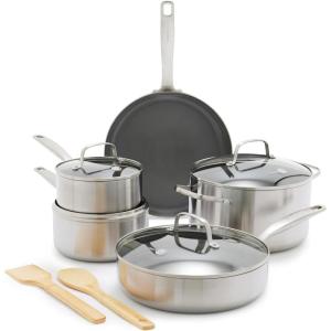 imageGreenPan Chatham 12 Piece Stainless Steel Cookware Set NonToxic PFASFree Healthy Ceramic Nonstick Dishwasher Safe Oven Safe Frypan Skillet Saut Saucepan Bamboo Utensils Silver