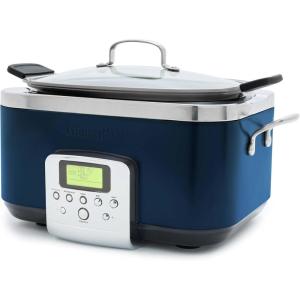 imageGreenPan Elite 8in1 Programmable 6QT Electric Slow Cooker Dishwasher Safe Lid ampamp Removable Crock PFASFree Healthy Ceramic Nonstick MultiCooker Sear Saut Brown Steam Basket Roast GoldOxford Blue