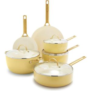 imageGreenPan Hard Anodized Healthy Ceramic Nonstick 10 Piece Cookware Pots and Pans Set GoldTone Stainless Steel Handles PFAS ampamp PFOAFree Dishwasher Safe Oven ampamp Broiler Safe BlackSunrise Yellow