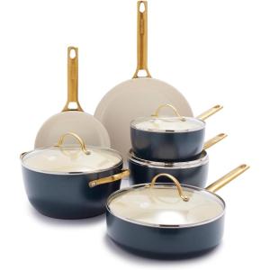 imageGreenPan Hard Anodized Healthy Ceramic Nonstick 10 Piece Cookware Pots and Pans Set GoldTone Stainless Steel Handles PFAS ampamp PFOAFree Dishwasher Safe Oven ampamp Broiler Safe BlackTwilight Blue