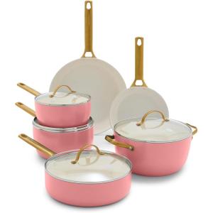 imageGreenPan Hard Anodized Healthy Ceramic Nonstick 10 Piece Cookware Pots and Pans Set GoldTone Stainless Steel Handles PFAS ampamp PFOAFree Dishwasher Safe Oven ampamp Broiler Safe BlackCoral