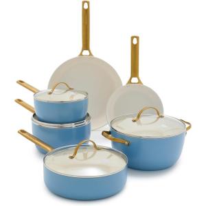 imageGreenPan Hard Anodized Healthy Ceramic Nonstick 10 Piece Cookware Pots and Pans Set GoldTone Stainless Steel Handles PFAS ampamp PFOAFree Dishwasher Safe Oven ampamp Broiler Safe BlackSky Blue