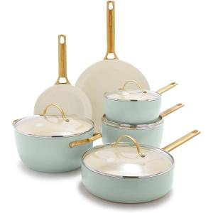 imageGreenPan Hard Anodized Healthy Ceramic Nonstick 10 Piece Cookware Pots and Pans Set GoldTone Stainless Steel Handles PFAS ampamp PFOAFree Dishwasher Safe Oven ampamp Broiler Safe BlackJulep Green
