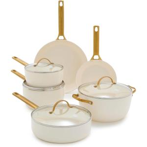 imageGreenPan Hard Anodized Healthy Ceramic Nonstick 10 Piece Cookware Pots and Pans Set GoldTone Stainless Steel Handles PFAS ampamp PFOAFree Dishwasher Safe Oven ampamp Broiler Safe BlackCream White