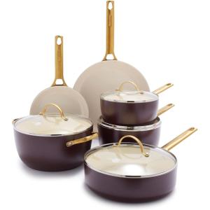 imageGreenPan Hard Anodized Healthy Ceramic Nonstick 10 Piece Cookware Pots and Pans Set GoldTone Stainless Steel Handles PFAS ampamp PFOAFree Dishwasher Safe Oven ampamp Broiler Safe BlackMerlot Purple