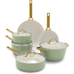 imageGreenPan Hard Anodized Healthy Ceramic Nonstick 10 Piece Cookware Pots and Pans Set GoldTone Stainless Steel Handles PFAS ampamp PFOAFree Dishwasher Safe Oven ampamp Broiler Safe BlackSage