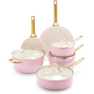 imageGreenPan Hard Anodized Healthy Ceramic Nonstick 10 Piece Cookware Pots and Pans Set GoldTone Stainless Steel Handles PFAS ampamp PFOAFree Dishwasher Safe Oven ampamp Broiler Safe BlackBlush Pink