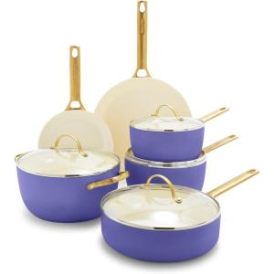 imageGreenPan Hard Anodized Healthy Ceramic Nonstick 10 Piece Cookware Pots and Pans Set GoldTone Stainless Steel Handles PFAS ampamp PFOAFree Dishwasher Safe Oven ampamp Broiler Safe BlackPeriwinkle