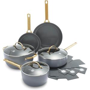imageGreenPan Hard Anodized Healthy Ceramic Nonstick 10 Piece Cookware Pots and Pans Set GoldTone Stainless Steel Handles PFAS ampamp PFOAFree Dishwasher Safe Oven ampamp Broiler Safe BlackCharcoal