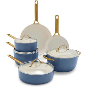 imageGreenPan Hard Anodized Healthy Ceramic Nonstick 10 Piece Cookware Pots and Pans Set GoldTone Stainless Steel Handles PFAS ampamp PFOAFree Dishwasher Safe Oven ampamp Broiler Safe BlackOcean Blue