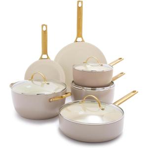 imageGreenPan Hard Anodized Healthy Ceramic Nonstick 10 Piece Cookware Pots and Pans Set GoldTone Stainless Steel Handles PFAS ampamp PFOAFree Dishwasher Safe Oven ampamp Broiler Safe BlackTaupe Brown