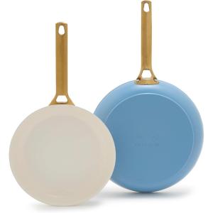 imageGreenPan Hard Anodized Healthy Ceramic Nonstick 8quot and 10quot Frying Pan Skillet Set Gold Handle PFASFree Dishwasher Safe Oven Safe TaupeSky Blue