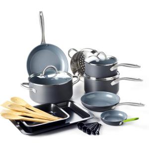 imageGreenPan Lima Hard Anodized Healthy Ceramic Nonstick 18 Piece Cookware Bakeware Pots and Pans Set PFASFree Oven Safe Gray18 Piece Cookware Pots and Pans Set