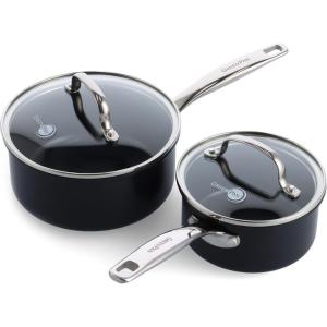 imageGreenPan Prime Chatham 1QT ampamp 2QT Saucepan Pot Set with Glass Lids Hard Anodized Diamond Infused Ceramic Nonstick PFASFree Dishwasher Safe Oven Safe Multipurpose Chefs Pan StayCool HandleBlackBlack