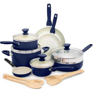 imageGreenPan Rio Healthy Ceramic Nonstick 16 Piece Cookware Pots and Pans Set PFASFree Dishwasher Safe TurquoiseBlue