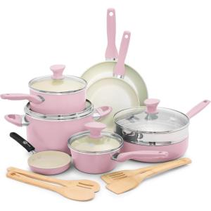 imageGreenPan Rio Healthy Ceramic Nonstick 16 Piece Cookware Pots and Pans Set PFASFree Dishwasher Safe TurquoisePink