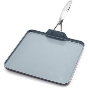 imageGreenPan Valencia Pro 18quot x 11quot Double Burner Griddle Pan Induction Suitable Ceramic Nonstick PFASFree Rectangular Stovetop Cookware Stainless Steel Handles Dishwasher Oven ampamp Broiler Safe GrayGray