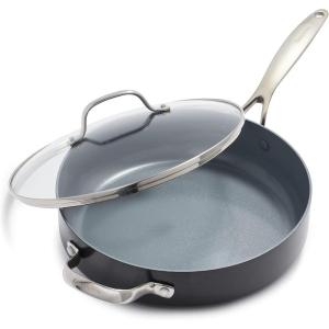 imageGreenPan Valencia Pro Hard Anodized Healthy Ceramic Nonstick 45QT Saute Pan Jumbo Cooker with Lid PFASFree Induction Dishwasher Safe Oven Safe Gray