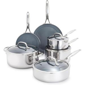 imageGreenPan Valencia Pro Stainless Steel 10 Piece Cookware Pots and Pans Set Induction Suitable Mirrored TriPly Ceramic Nonstick PFASFree PFOAFree Coating Multi Clad Dishwasher Oven ampamp Broiler Safe