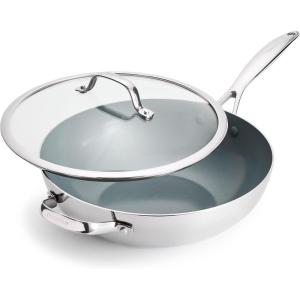imageGreenPan Valencia Pro TriPly Stainless Steel 12 Wok with Lid Healthy Ceramic Nonstick PFASFree PFOA Free Coating Multi Clad Cookware Induction Dishwasher Safe Oven and Broiler Safe
