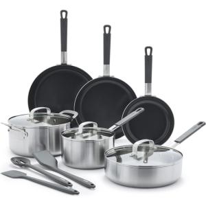 imageGreenPan x Bobby Flay Stainless Steel 12 Piece Cookware Pots ampamp Pans Set Professional Grade TriPly Multiclad PFASFree Ceramic Nonstick Induction Suitable Dishwasher ampamp Oven SafeStay Cool HandlesStainless Steel