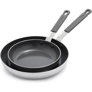 imageGreenPan x Bobby Flay Stainless Steel 8 ampamp 10 Frying Pan Skillet Set Professional Grade TriPly Multiclad PFASFree Ceramic Nonstick Induction Suitable Dishwasher ampamp Oven Safe Stay Cool HandleStainless Steel
