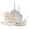 imageGreenPan x Bobby Flay 13 Piece Nonstick Cookware Pots and Pans Set PFASFree Diamond Ceramic Induction Suitable Easy Clean Dishwasher ampamp Oven Safe StayCool Silicone Handles Glass Lids GraphiteCream