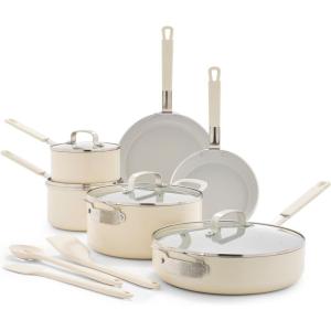 imageGreenPan x Bobby Flay 13 Piece Nonstick Cookware Pots and Pans Set PFASFree Diamond Ceramic Induction Suitable Easy Clean Dishwasher ampamp Oven Safe StayCool Silicone Handles Glass Lids GraphiteCream