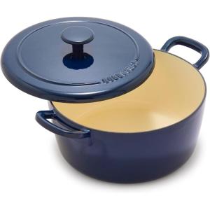 imageGreenPan x Bobby Flay 55QT Enameled Cast Iron Round Dutch Oven with Lid Dual Handles Oven Safe to 500F ampamp Induction Suitable Self Basting Lid UltraDurable Sear Braising Bread Stews IvoryCobalt