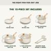imageGreenPan Rio Essence Wood 10 Piece Cookware Pots and Pans Set Healthy Ceramic Nonstick PFOA ampamp PFASFree Coating Induction Silicone Rim Lids StayCool Wood Print Handles Dishwasher Safe WhiteWhite