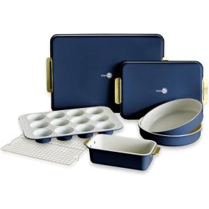 imageGreenPan Bakeware Set 7 Piece Nonstick Ceramic Gold Handle Baking Sheets Cake Pans Loaf Pan Muffin Tin Cooling Rack PFAS ampamp BPA Free Freezer to Oven Dish Bake ampamp Roast Ovenware Sage GreenOxford Blue