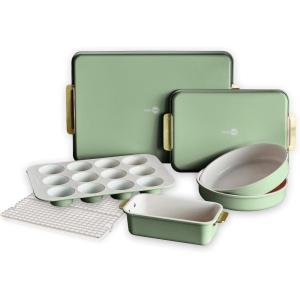 imageGreenPan Bakeware Set 7 Piece Nonstick Ceramic Gold Handle Baking Sheets Cake Pans Loaf Pan Muffin Tin Cooling Rack PFAS ampamp BPA Free Freezer to Oven Dish Bake ampamp Roast Ovenware Sage GreenSage Green