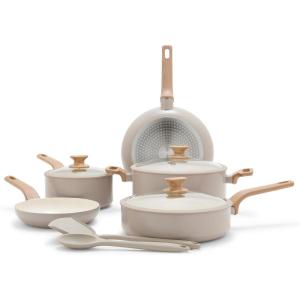 imageGreenPan Rio Essence Wood 10 Piece Cookware Pots and Pans Set Healthy Ceramic Nonstick PFOA ampamp PFASFree Coating Induction Silicone Rim Lids StayCool Wood Print Handles Dishwasher Safe TaupeTaupe