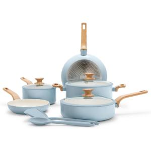 imageGreenPan Rio Essence Wood 10 Piece Cookware Pots and Pans Set Healthy Ceramic Nonstick PFOA ampamp PFASFree Coating Induction Silicone Rim Lids StayCool Wood Print Handles Dishwasher Safe TaupeBlue Haze