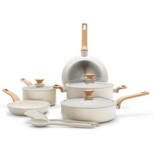 imageGreenPan Rio Essence Wood 10 Piece Cookware Pots and Pans Set Healthy Ceramic Nonstick PFOA ampamp PFASFree Coating Induction Silicone Rim Lids StayCool Wood Print Handles Dishwasher Safe WhiteWhite