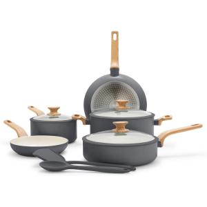 imageGreenPan Rio Essence Wood 10 Piece Cookware Pots and Pans Set Healthy Ceramic Nonstick PFOA ampamp PFASFree Coating Induction Silicone Rim Lids StayCool Wood Print Handles Dishwasher Safe TaupeGray