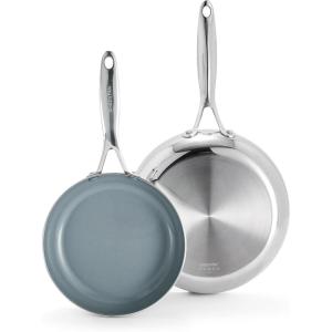 imageGreenPan Valencia TriPly Stainless Steel 2 Piece Frying Pan Set 10quot ampamp 12quot Skillets Induction Ready Mirror Finish Dishwasher Safe ampamp OvenBroiler Safe to 600F Compatible with All Cooktops SilverCoated Stainless Steel