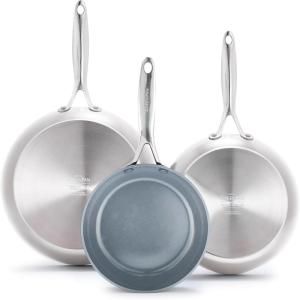 imageGreenPan Valencia TriPly Stainless Steel 3 Piece Frying Pan Set 8quot 95quot ampamp 11quot Skillets Induction Ready Mirror Finish Dishwasher ampamp OvenBroiler Safe to 600F Compatible with All Cooktops SilverCoated Stainless Steel