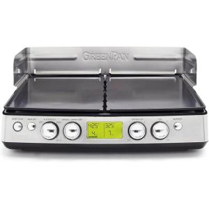 imageGreenPan Elite XL Smokeless Grill and Griddle Healthy Ceramic Nonstick InterchangeableRemoveable Cast Aluminum Plates Indoor BBQ Sear Sizzle LCD Display Splash Guard Drip Tray PFASFree BlackStainless Steel